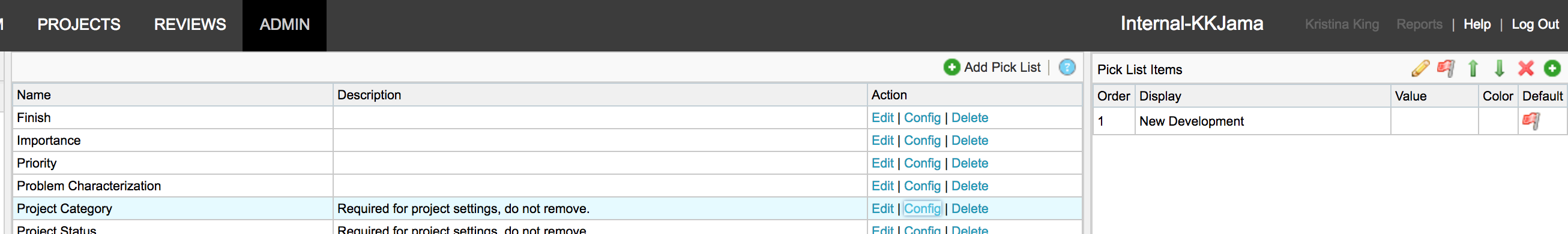project category pick list